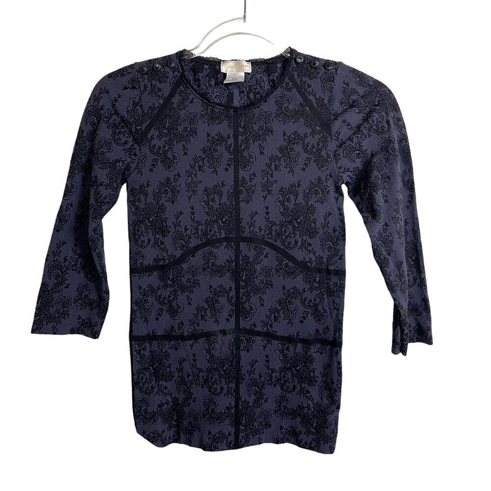 Philippe Matignon Gray Black Floral Long Sleeve‎ Size S/M Base Layer Fitted Top